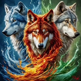Diamond Painting Eis und Feuerwölfe